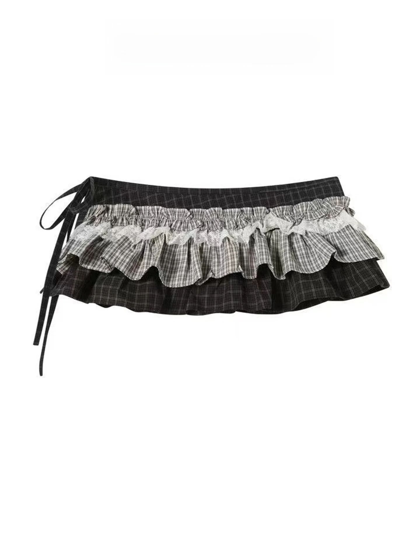 Retro Floral Lace Short Skirt Women's Casual Style Pleated Design Belted Overlap Paneling Bows Casual A-Line Skirt