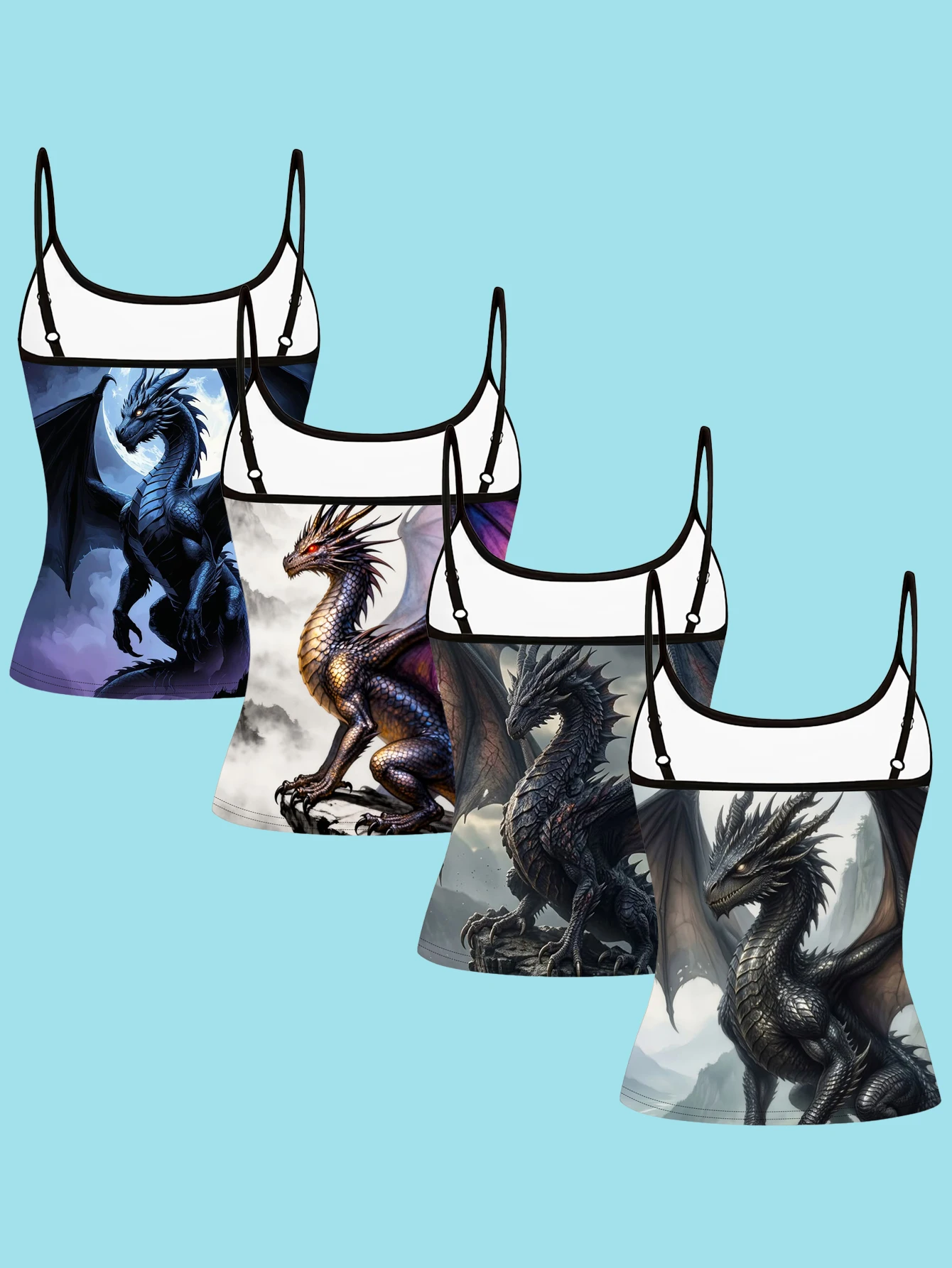 4-Piece Set of Dark Mythological Dragon-Themed Camisole Set with Gothic Fantasy Dragon Pattern, Slim-Fit Women's Inner Tank Top