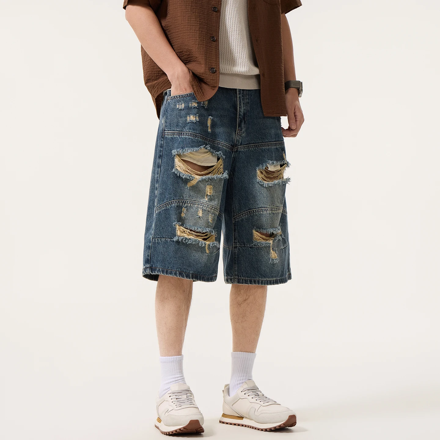 High Street Ribbed Jeans Men Streetwear Fashion Broken Hole Washed Denim Loose Casual Hip Hop Ripped Shorts Short Jeans Pants