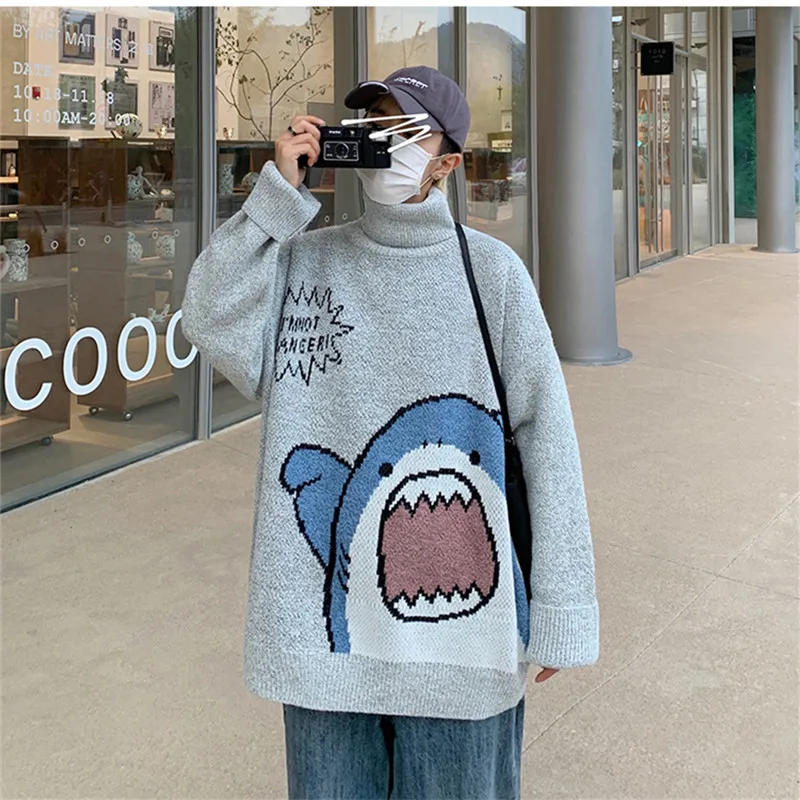 2022 Winter Men Turtlenecks Shark Sweater Men Patchwor Harajuku Korean Style High Neck Oversized Grey Turtleneck Pullover Men