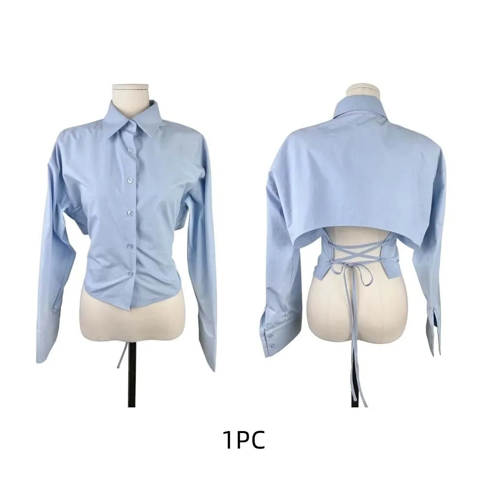

Short Women Belt Tied Blouse Shirt Back Korean Y2K Style Long Sleeve Shirts Streetwear V-neck Belt Tied Slim Shirts Club Party