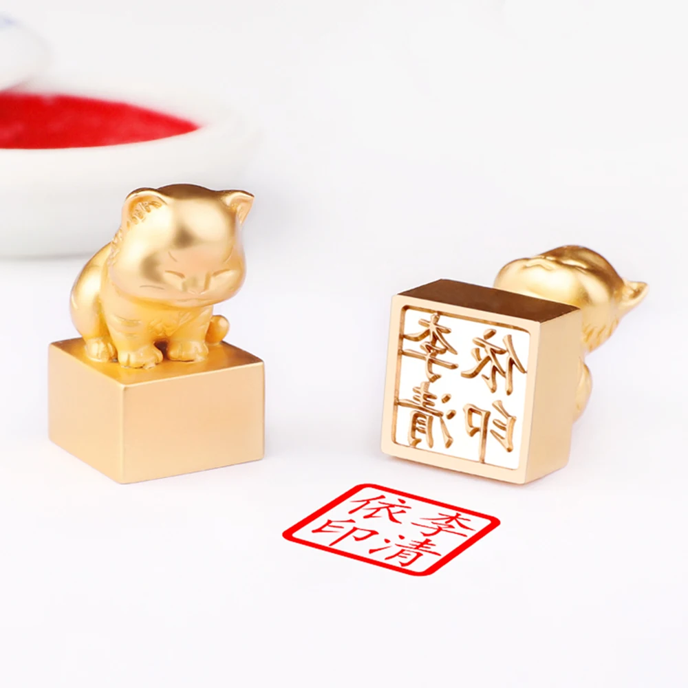 

Custom Name Stamps With Inkpad For Calligraphy Painting Cat Shape Copper Metal Square Stamp Chinese English Kanji Hanko Stamp