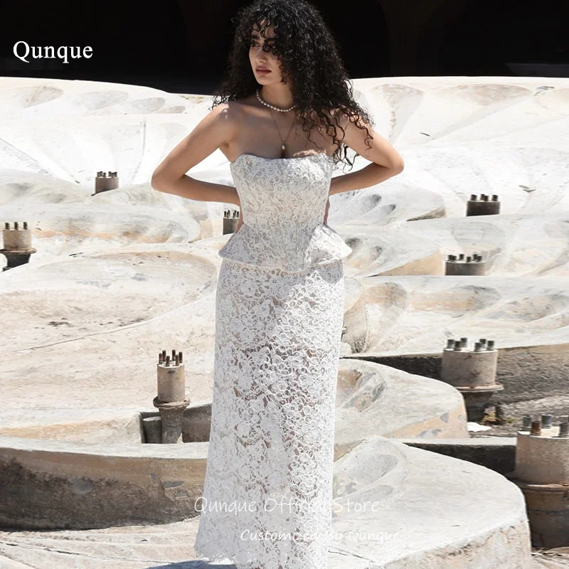 Qunque Vintage Strapless Bridal Wedding Dresses Straight Formal Evening Dresses Floral Lace Vestido De Novia Boda Customized
