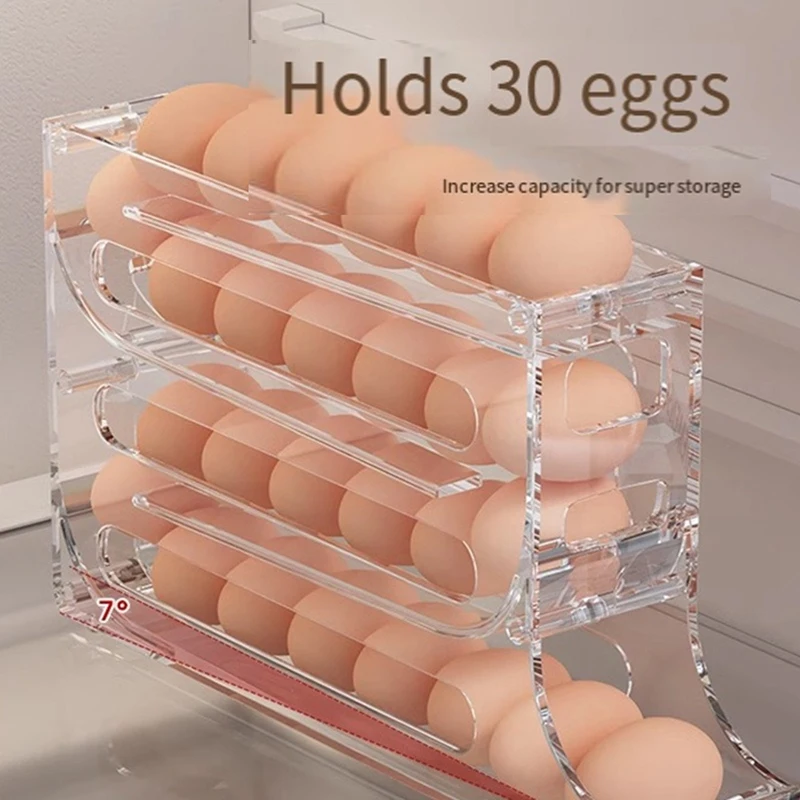 Egg Storage Solution For Fridge, Auto Rolling 4 Tiers Egg Holder, Large 30 Egg Capacity Organizer