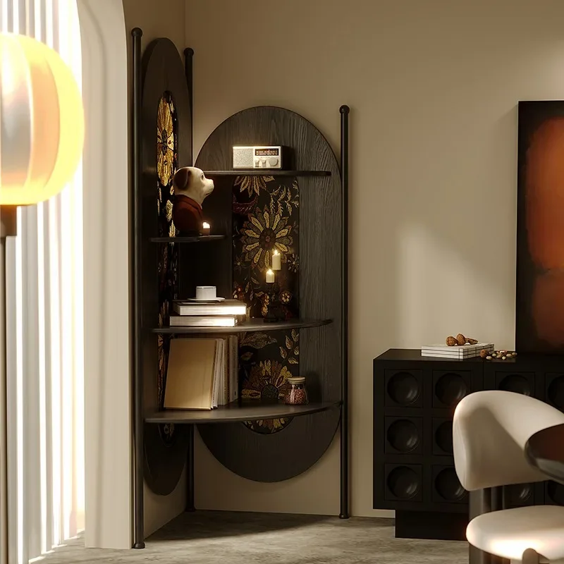 

French Retro Living Room Screen Rack, Solid Wood Corner Cabinet, Movable Storage, Triangular Cabinet