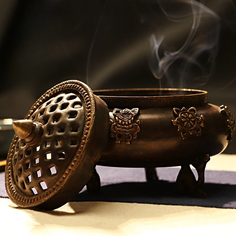 Tibetan Style Nepal Renaissance Craft Three Leg Incense Burner Copper Household Temple Worship Study Rooms Meditation Office
