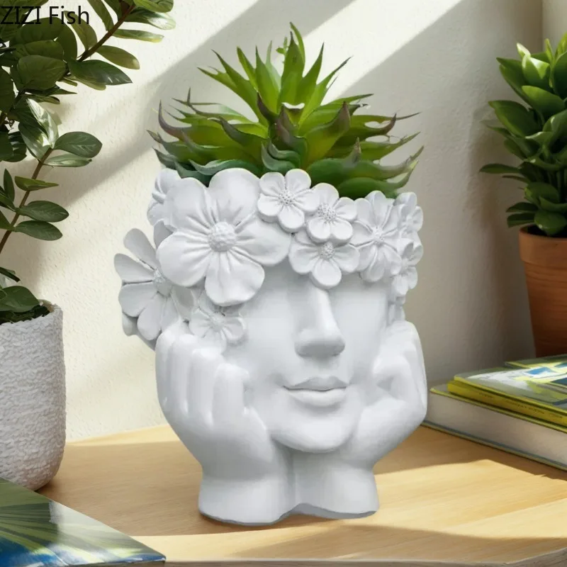 Creative Female Face Flower Pot Resin Plant Pot Ornament Flowerpot Head Ornament Succulent Pots Garden Decoration Gardening Pots