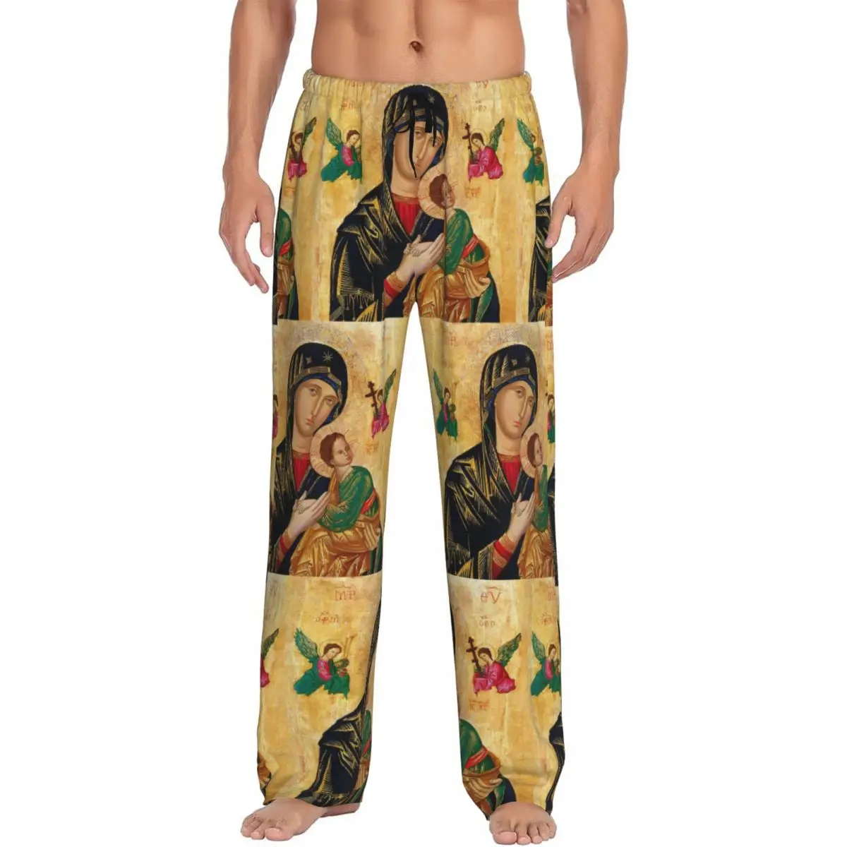 Custom Our Lady Of Perpetual Help Pajama Pants for Catholic Virgin Mary Lounge Sleep Drawstring Sleepwear Bottoms with Pockets