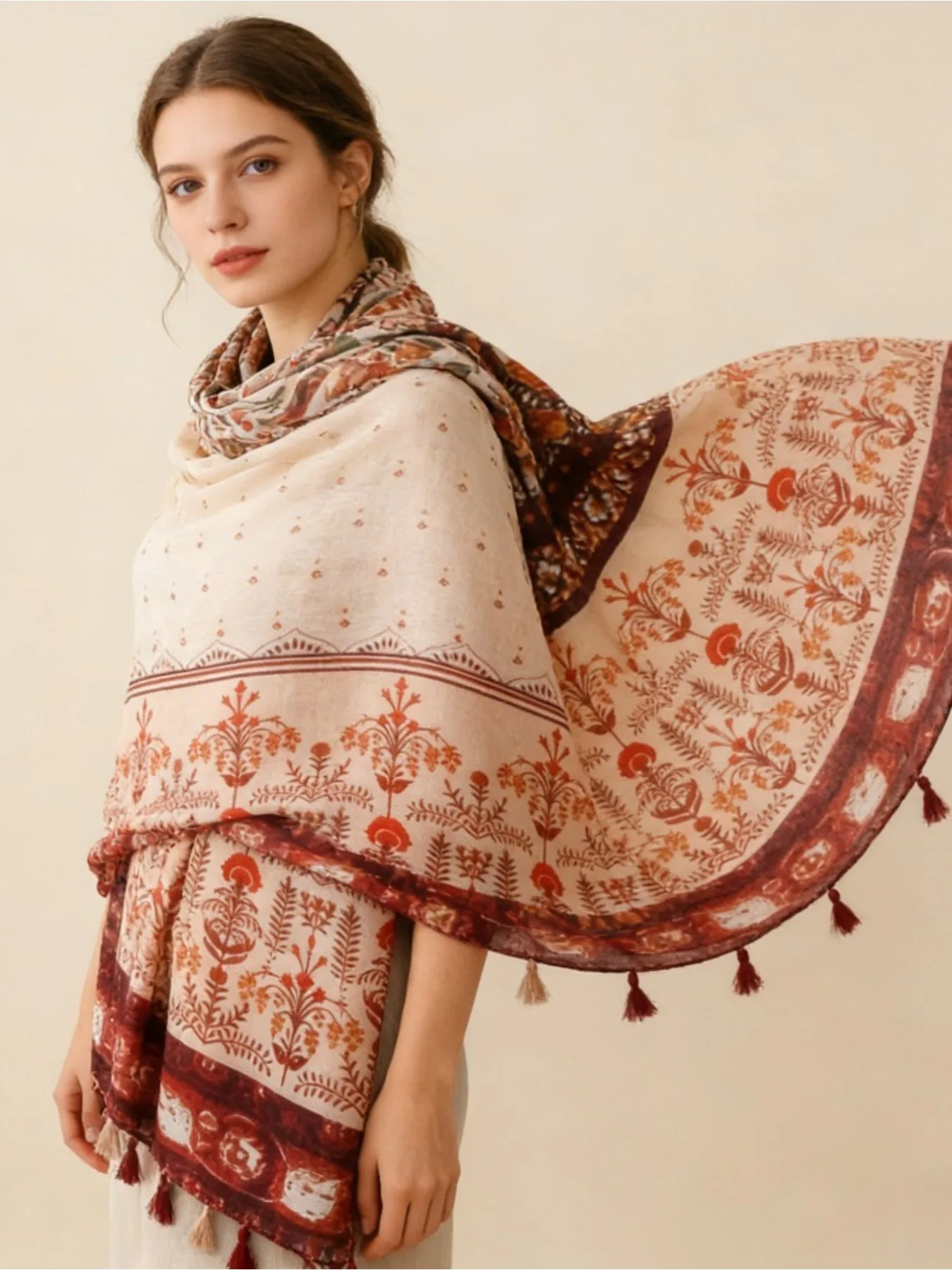 

Шарф-платок из тонкого шелка с цветочным принтом в стиле французского ретро, цвет карамель, этнический стиль, 1 шт.