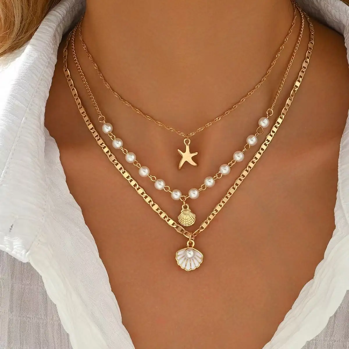 Minimalist Oceanic Pendant Necklace Featuring Pearl Shell Starfish Motif on Delicate Gold or White Gold Plated Clavicle Chain fo