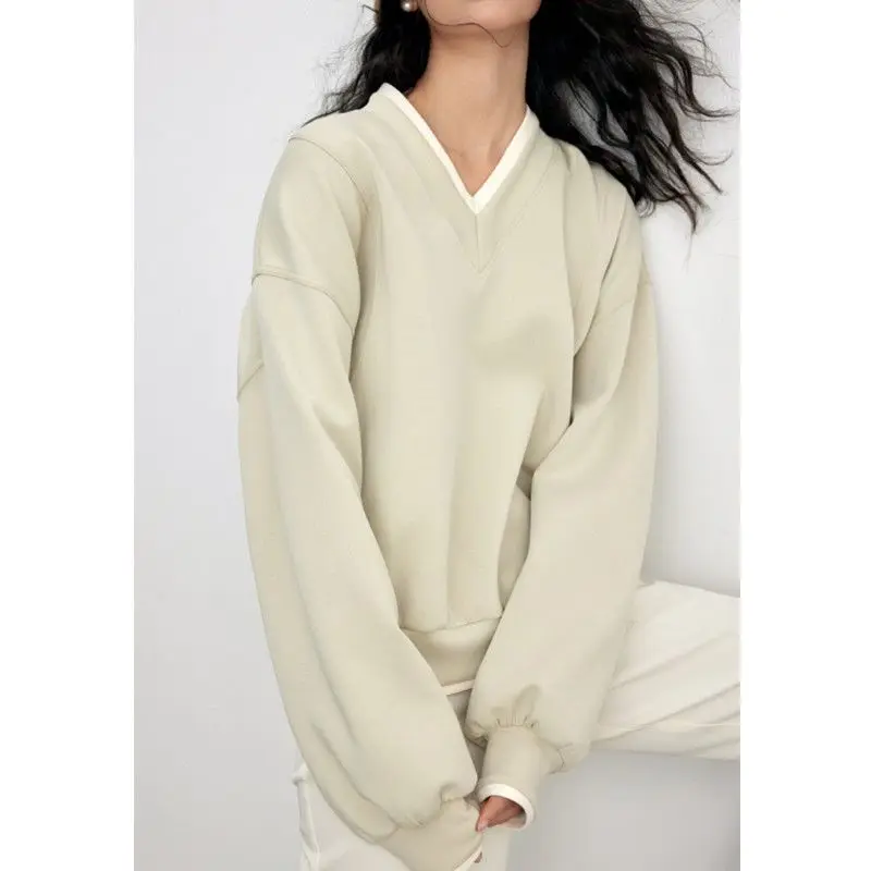 Retro Contrasting Color Temperament Lazy Style V-neck Hoodie Autumn and Winter with Thick Velvet Women's Top