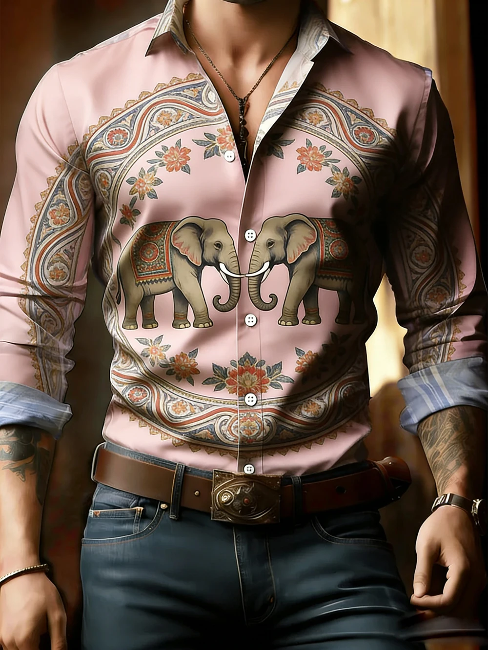 

2026Men's new four-sided elastic elephant lotus totem 3D printed white shirt Hawaiian vacation casual holiday party shirt men's