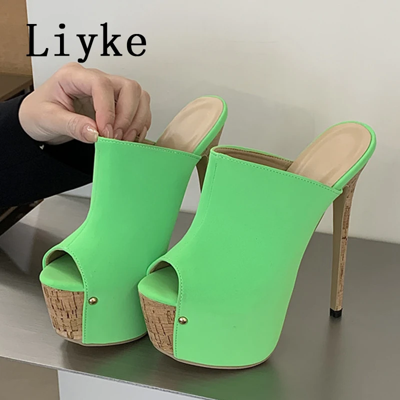 Liyke Sexy Super Thin High Heels Slippers For Women Slip On Slides Shoes Fashion Wooden Leather Patchwork Platform Sandals Green