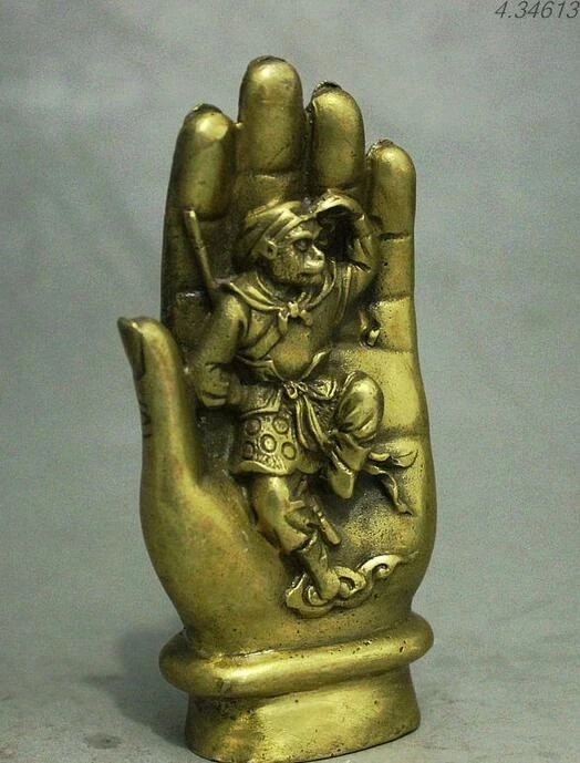 Folk Chinese myth Brass Tathagata Buddha Hand Sun Wu Kong Monkey King Statue