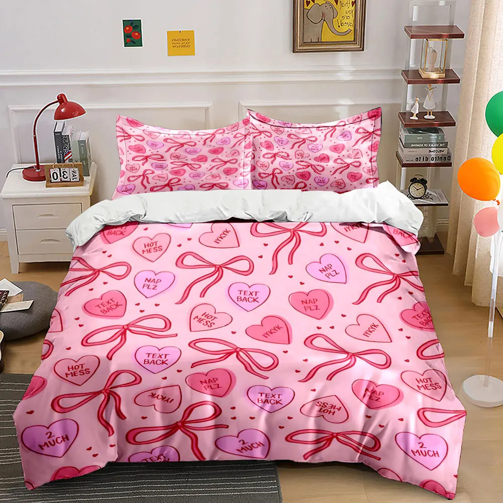 

Pink hearts and red bows pattern Printed Duvet Cover Set1 Duvet Cover+2 PillowcaseMulti Size Bedroom Bedding Decoration