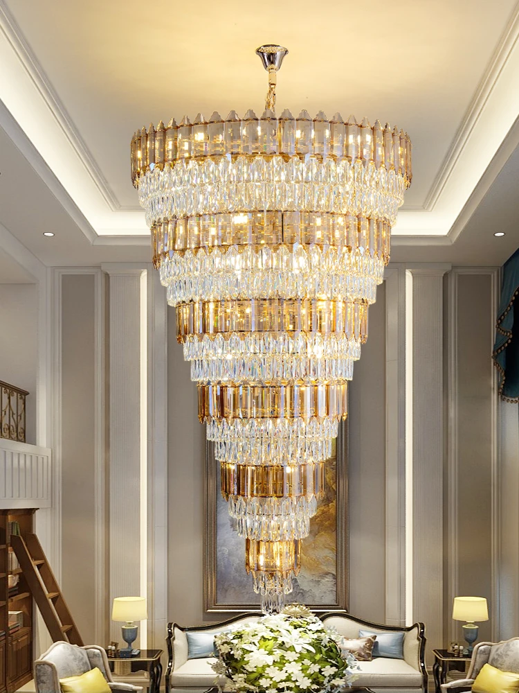 Large Golden Crystal Chandeliers Lights Fixture American Luxury Long Chandelier European Shining Hall Living Room Droplight