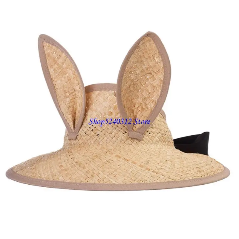 634C Visor Hat in Raffia Straw with Bunny Ears & Elastic Fixing Strap