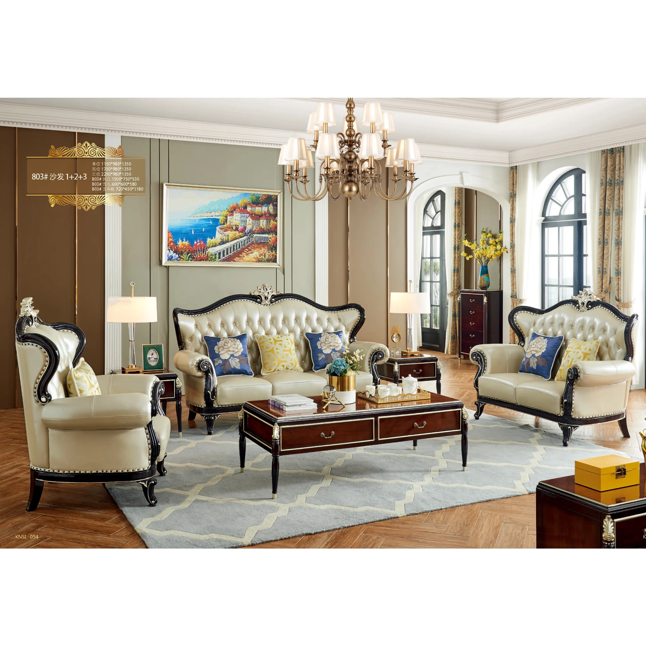 

For Low Price Home Furniture Living Couch Set European Luxury Classic Carved Solid Wood Frame Genuine Leather 1 2 3 Seater Sofa