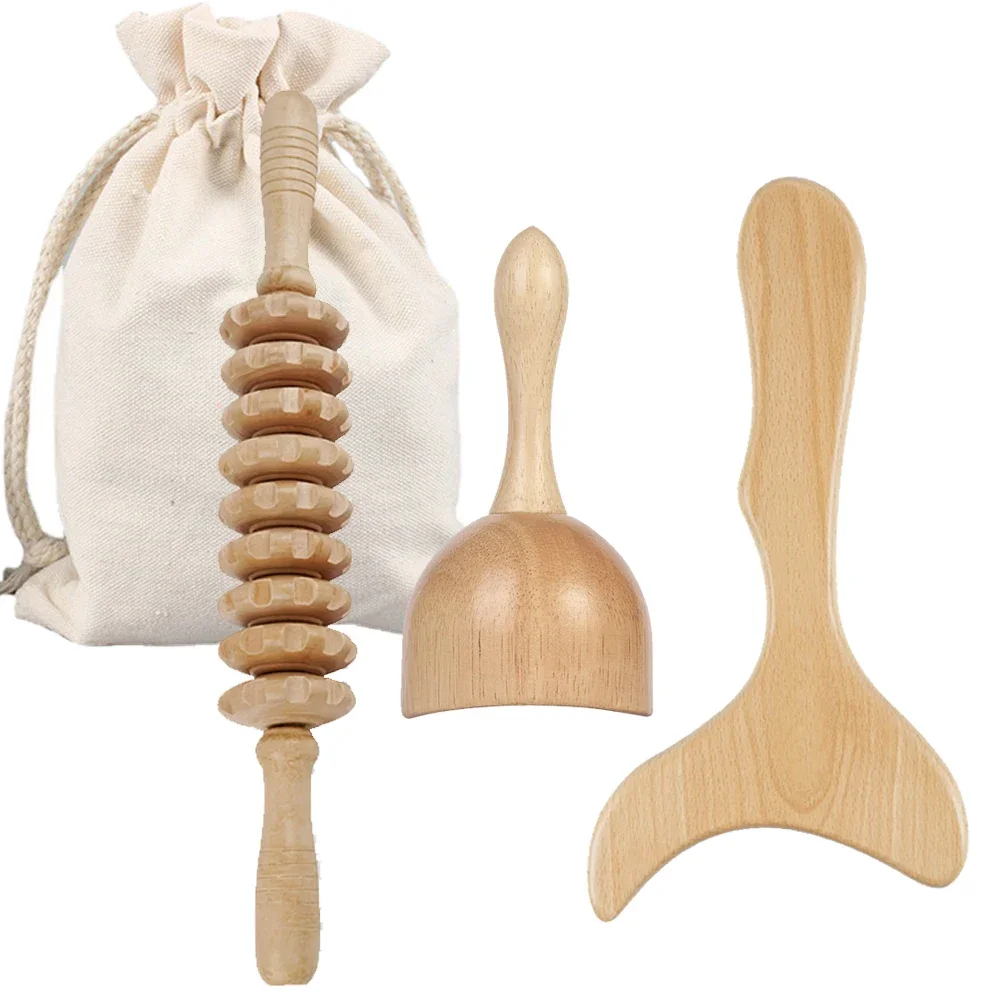 

NEW Wooden Massage Set - Muscle Rolling Stick, Scraping Board for Meridian Dredge & Mushroom-headed Massage Cup