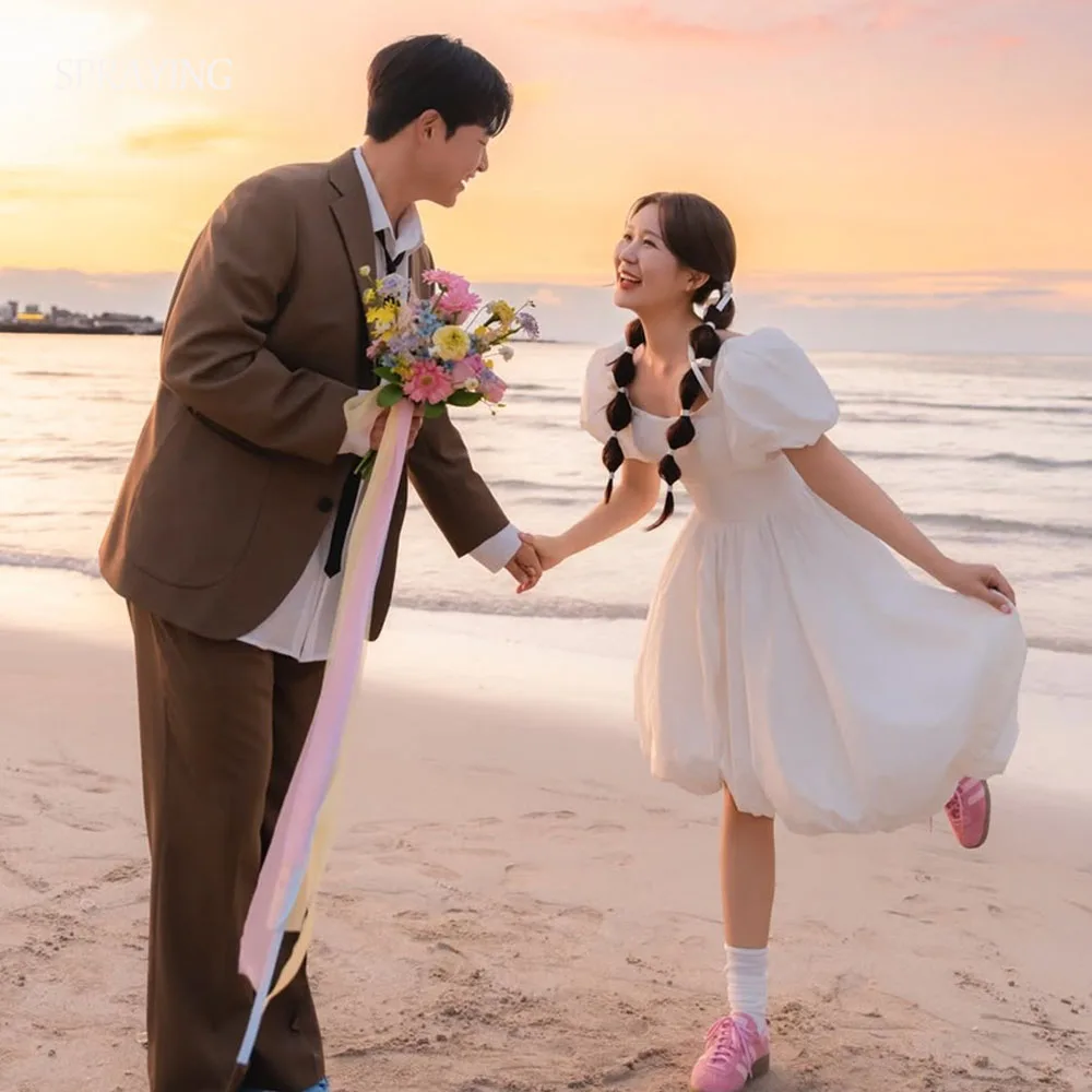 

SPRAYING Ivory Taffeta Short Wedding Dresses Korea Photo Shoot O Neck Puff Sleeves Bridal Gown Corset Customized 웨딩드레스 2026