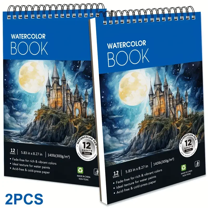 2pcs 12 Sheets Watercolor Sketchbook 14.81 x 21.01 cm, Watercolor Paper Cold Press (63.5KG/300gsm), Spiral Bound Water C