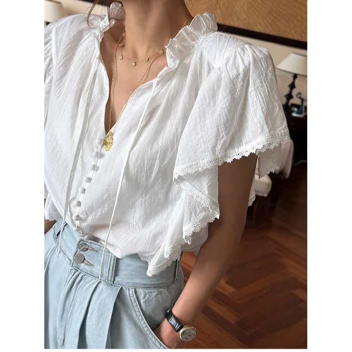 Fashionable Casual Design Summer 2026 Women's Shirt Versatile Fly Sleeve Top Breathable Skin-friendly Straight Cut Lace Detail