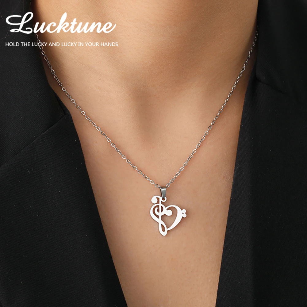 Lucktune Music Note Heart of Treble Clef Pendant Necklace for Women Stainless Steel Love Musical Symbol Chain Necklace Jewelry