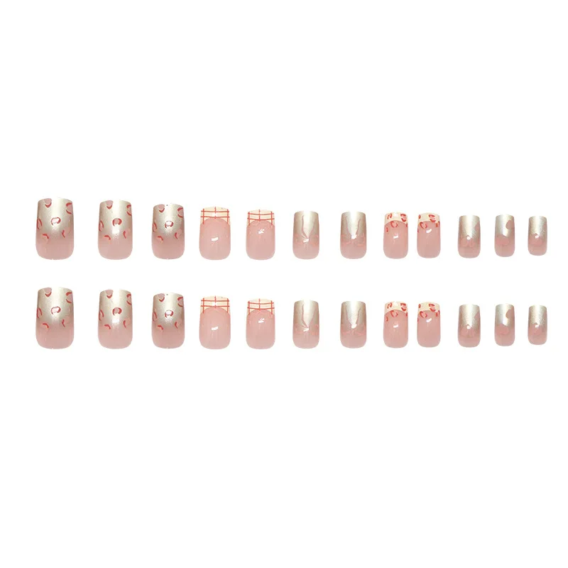 เล็บปลอมแบบกดติดลายหัวใจ 24 ชิ้น พร้อมลายเสือดาวสีชมพู ปลายเล็บแบบเฟรนช์ ทรงเหลี่ยมขนาดกลาง สำหรับผู้หญิงและเด็กผู้หญิง