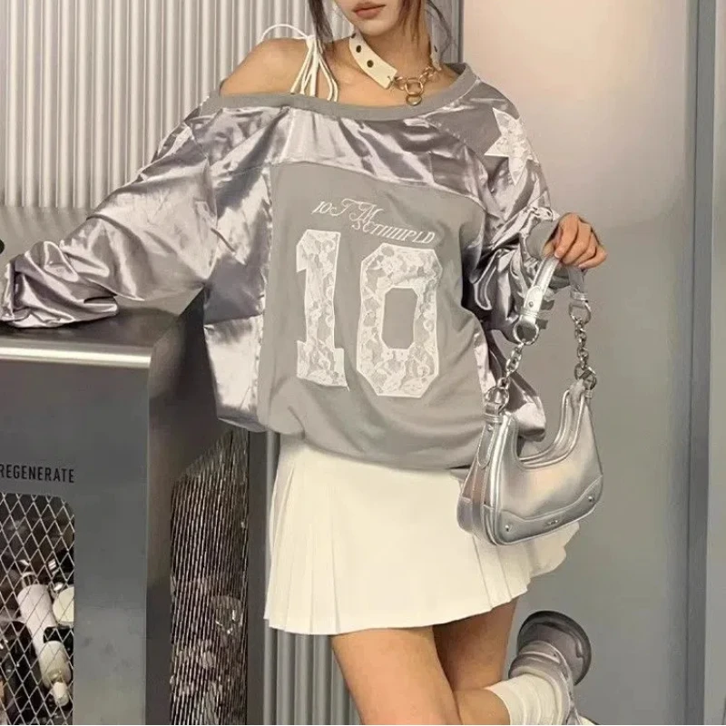 

Y2K Off Shoulder Loose Pullovers Tops Spring Autumn New Long Sleeve Lace Patchwork Sexy T Shirts Casual Fashion Women Clothing