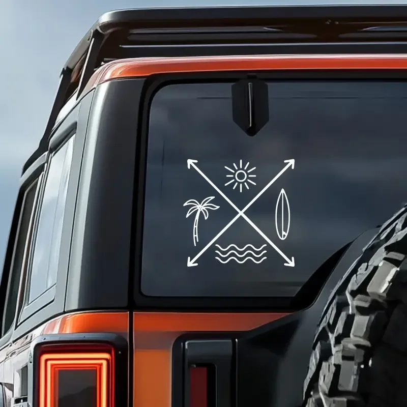 2D Flat Stickers Featuring Tropical Surfing with Cross Arrows for Cars - Designs of Surfboards, Ocean Waves, And Palm Trees - Su view 4