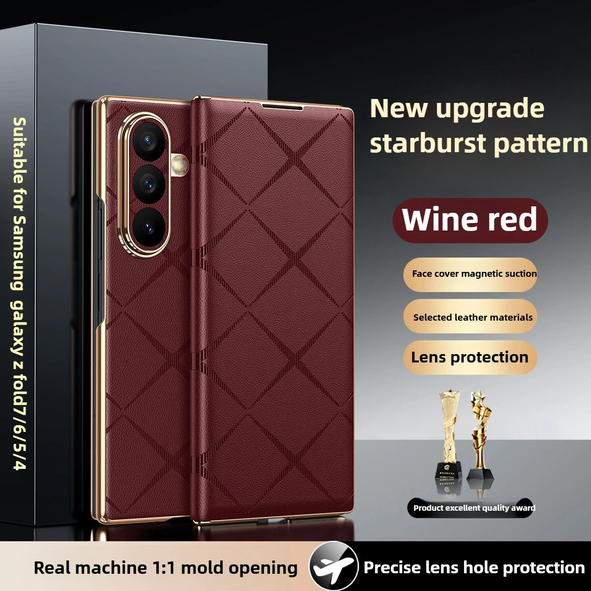 

Full Protection For Samsung Galaxy Z Fold 7 6 5 5G High-End Starlight Genuine Leather Texture Magnetic Flip Plated Case Cover