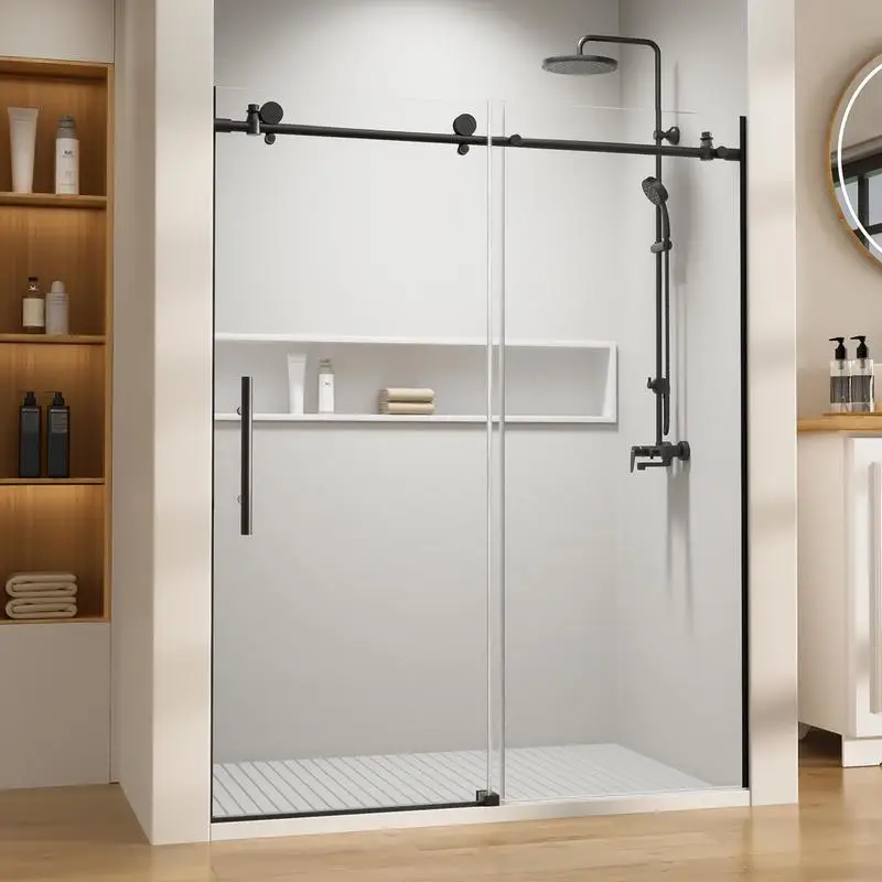 

56-60 W x 76 H Single Sliding Frameless Shower Door, 8mm Thick Tempered Glass, Stainless Steel Hardware, Matte Black Finish