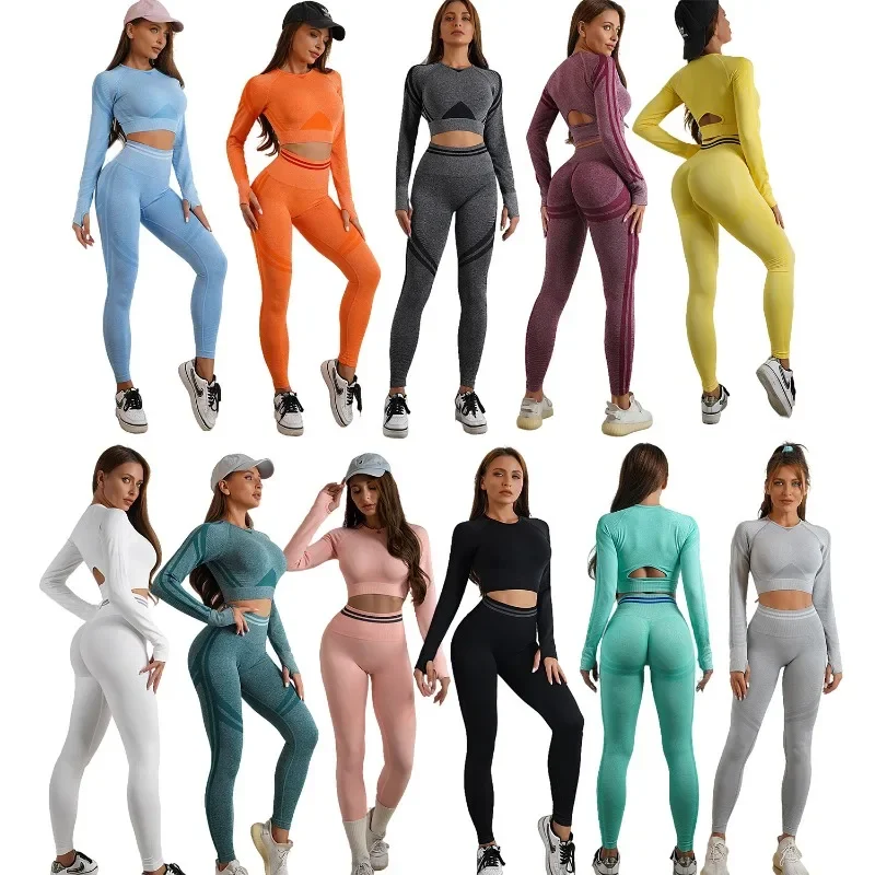 Seamless Yoga Sports Top Women's Tracksuit Sportswear Fitness High Waist Gym Leggings Long Sleeve Top Sports Tights Yoga Pants