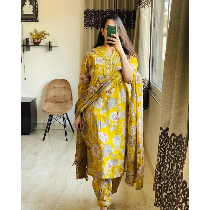 Yellow Color Printed Work Cotton Straight Salwar Suit Kurti Afgani Pant Dress