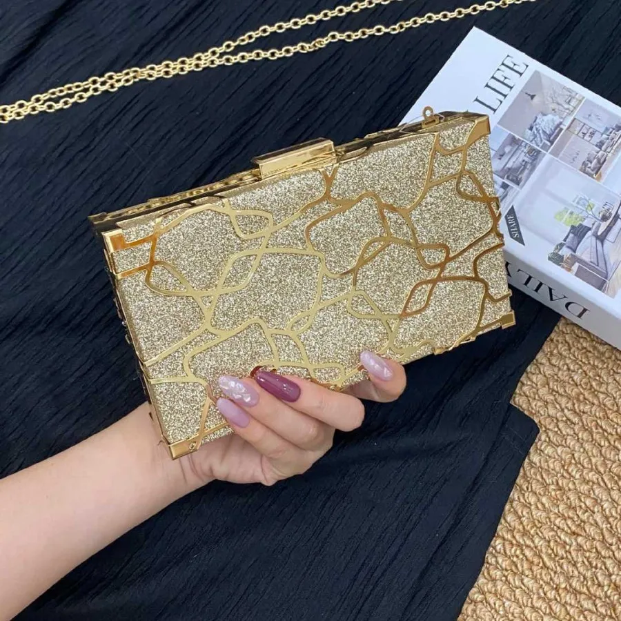Fashion clutch, banquet, dinner bag, dress clutch, gold metal chain messenger girl