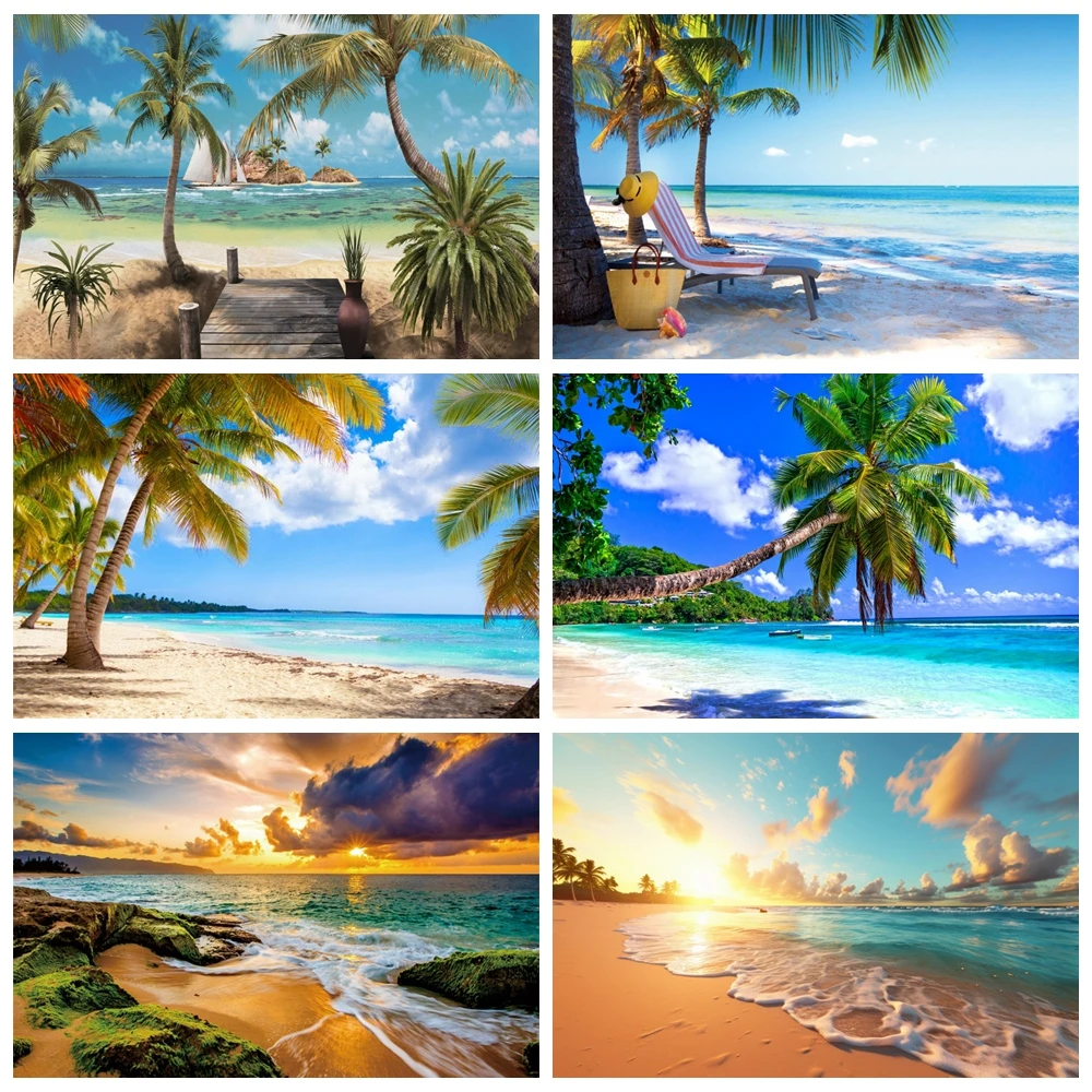 

Summer Beach Ocean Photography Backdrop Tropical Seaside Sea Wave Palm Tree Blue Sky Sunrise Holiday Party Photoshoot Background