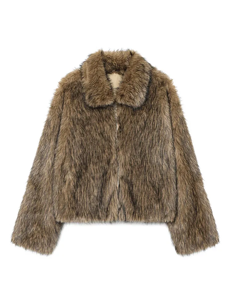

HH Fashion Woman Winter Long Sleeves Lapel Zipper Faux Fur Effect Short Overcoat Female Loose Comfortable Street Style Jacket