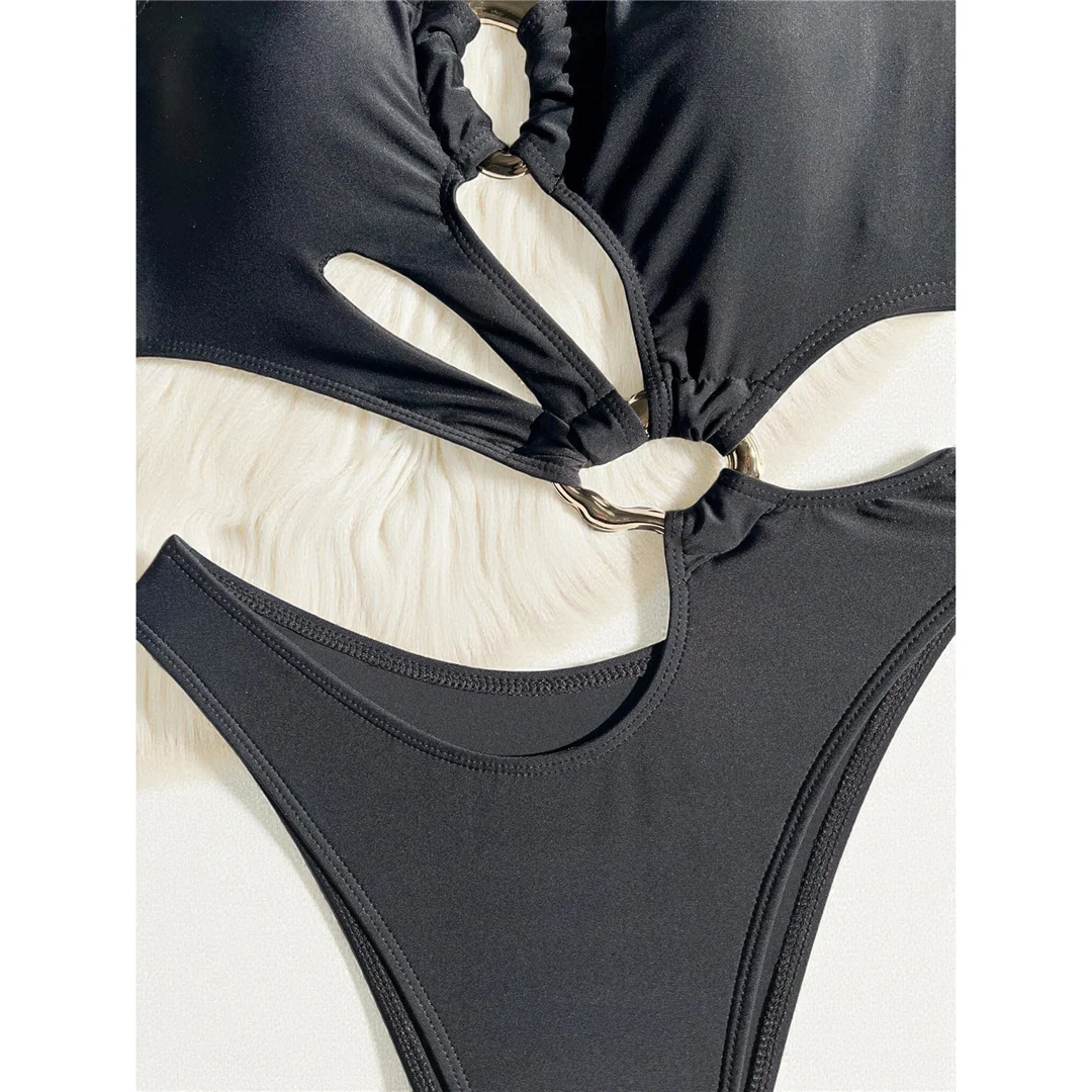 S - XL, Schwarz, asymmetrischer Schnitt, Damen-Badeanzug, einteiliger Badeanzug, Damen, mit Metallring, hoher Beinausschnitt, Badebekleidung, V7065. – Detail 11