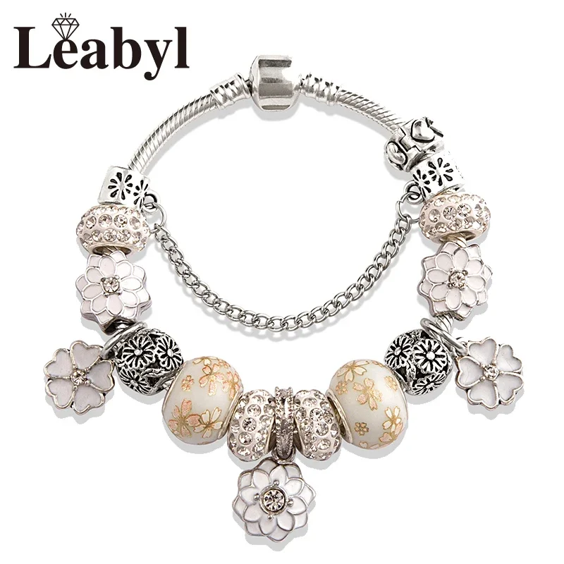 White Enamel Flower Leaf Pendant Charms Bracelets Silver Color Diy Bead Casual Bracelet Jewelry Gift