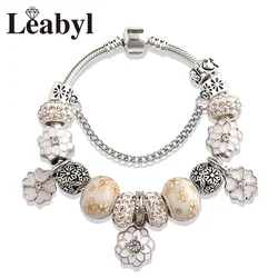 White Enamel Flower Leaf Pendant Charms Bracelets Silver Color Diy Bead Casual Bracelet Jewelry Gift