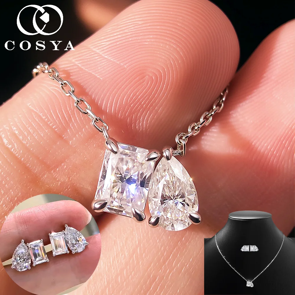 COSYA 6cttw Full Moissanite Diamond Necklace Earrings Set For Women S925 Silver Double Stone Pendant Wedding Fine Jewelry Gift