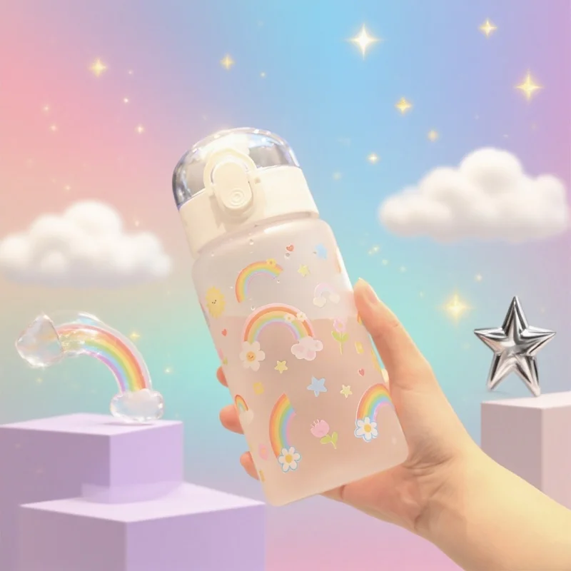 3D Printed Transparent Water Cup with Cartoon Patterns –550ML Vivid Color, Fade-Resistant, Cute & Stylish, Durable,Cute Rainbow