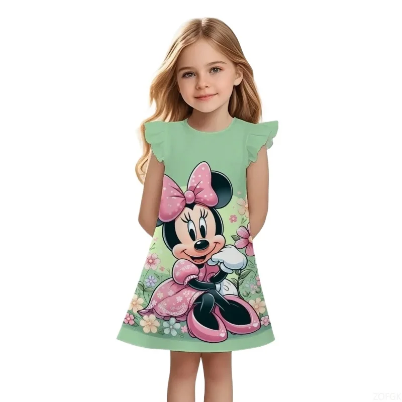 فستان صيفي للفتيات بتصميم جديد فستان أميرات ميكي ماوس بأكمام قصيرة للأطفال بأكمام طائرة