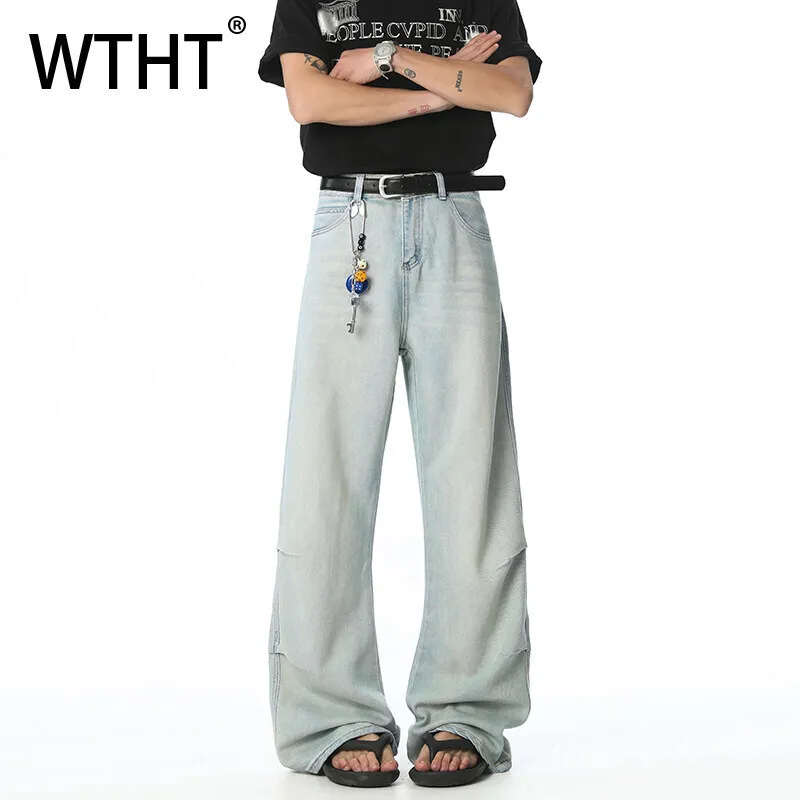 

WTHT Vintage Summer Men's Gradient Do Old Straight High Street Denim Pants Trendy New Casual Loose Wide Leg Jeans Male 2A0322