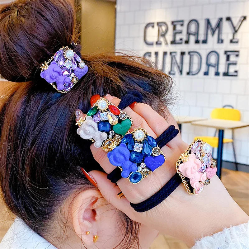 2024 New Hold Your Head Bear Cartoon Head Rope Rhinestone Hair Accessories Female Temperament Baroque Pearl Hair Rope Headdress