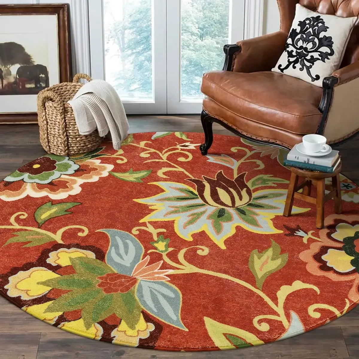 

Vibrant Red Orange Floral Round Rug Bold Botanical Motif for Warm Cozy Interior