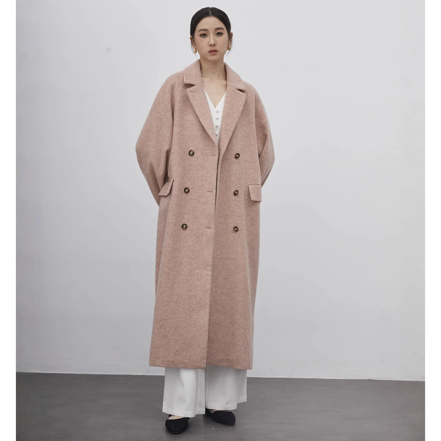 Allingentle Women's Suit Long Blazer Woolen Pink Double-Breasted Long Jacket for Cocktail Party Daily Outfits Customize