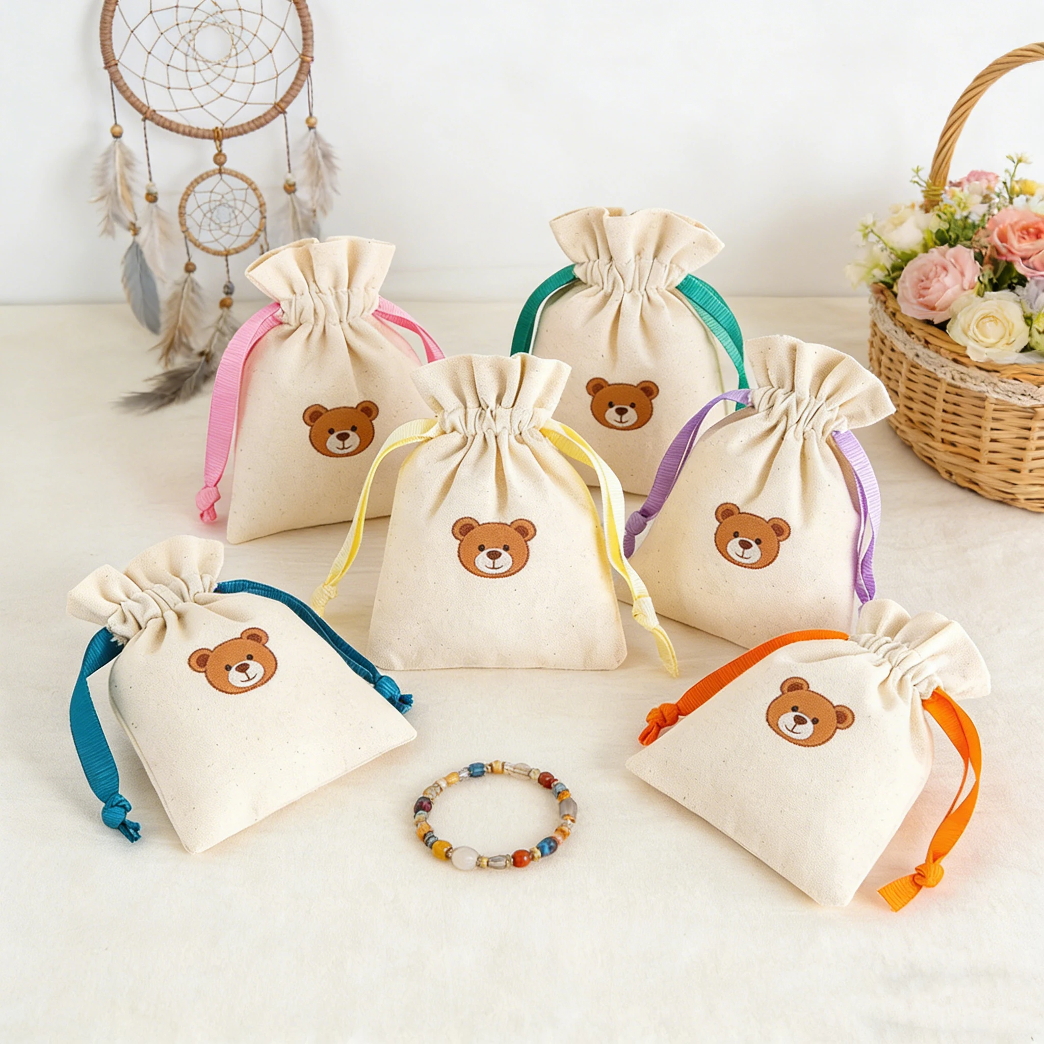 

100Pcs Personalized Logo Jewelry Drawstring Pouch Ribbon Gift Beige Natural Cotton Bag Earring Ring Cosmetic Travel Packaging