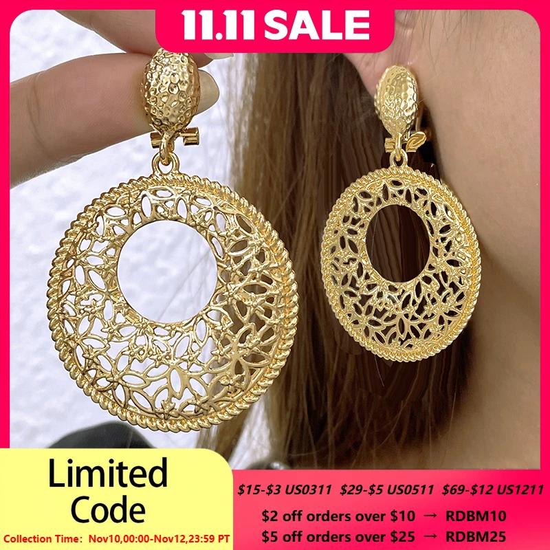 

Unique Earring For Women Latest Two Tone Hollow Out Round Drop Earrings Wedding Party Gift Women Accessories Daily Wear