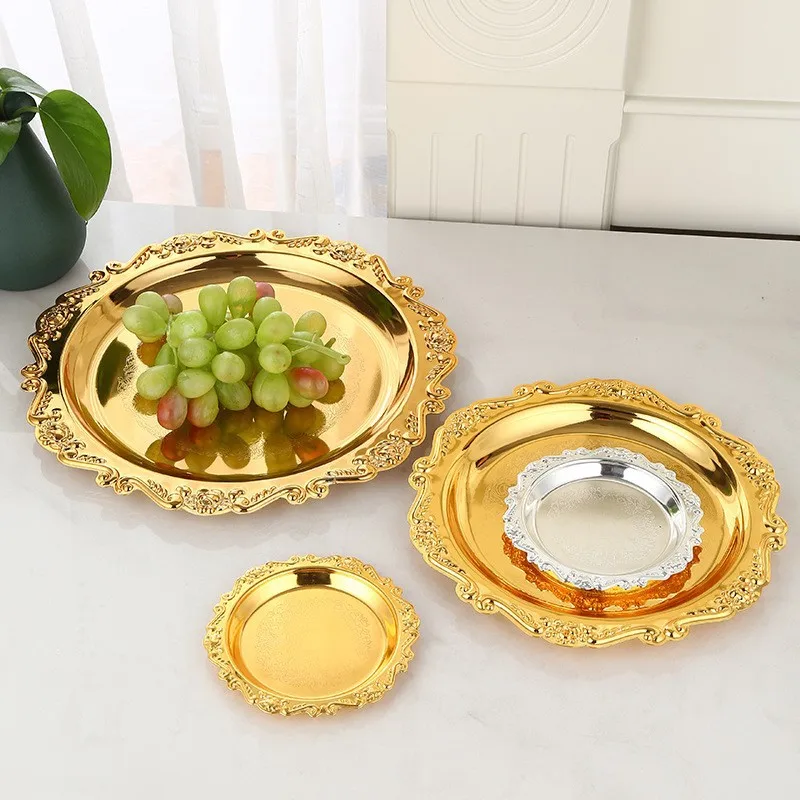 Retro Luxury Silver Plated Plates Cake Dessert Tray High Tea Snack Fruit Dish Jewelry Storage Tabletop Decor Home Hotel Supplies